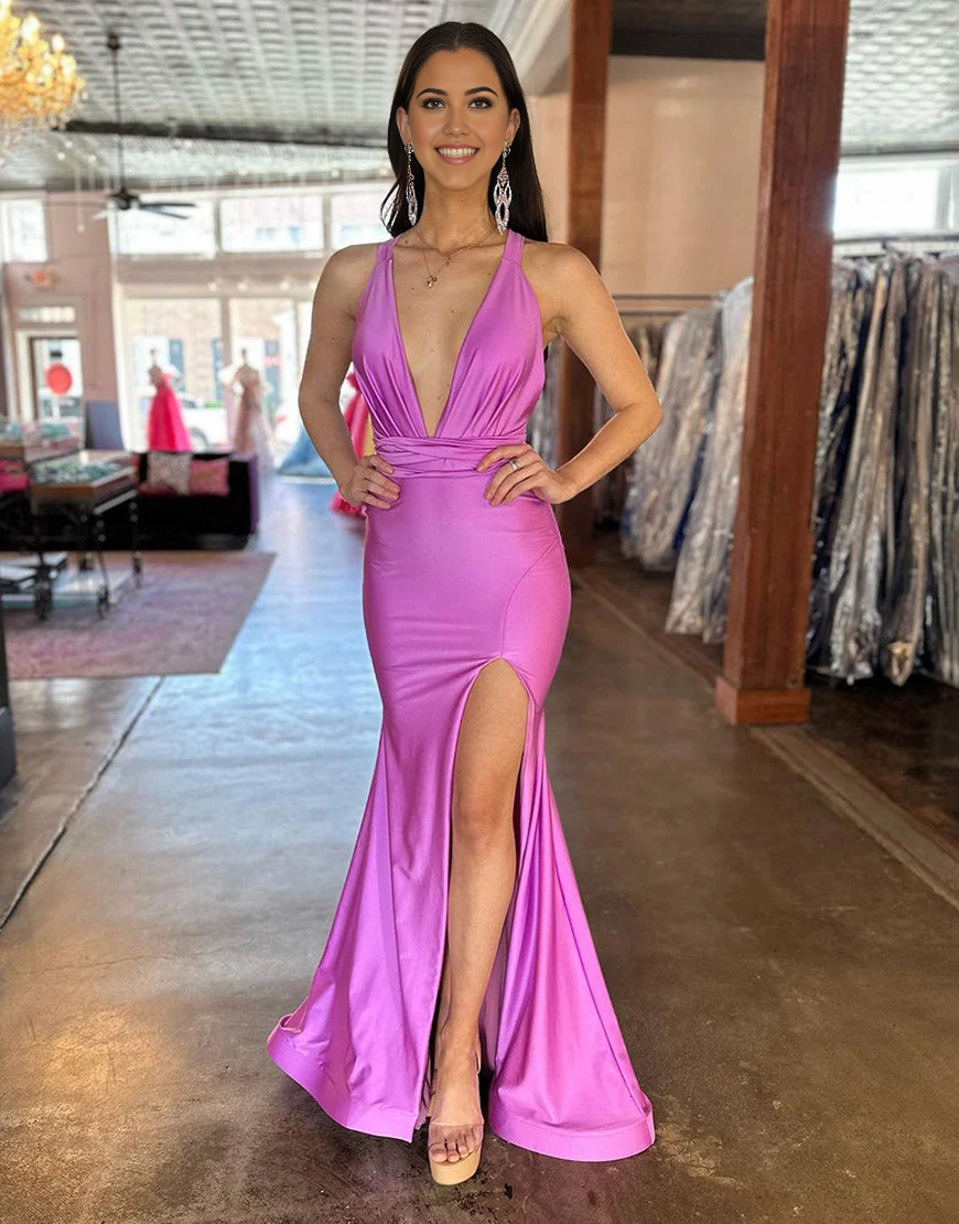 Mermaid Deep V-Neck Cross Back Long Satin Prom Dress With Split